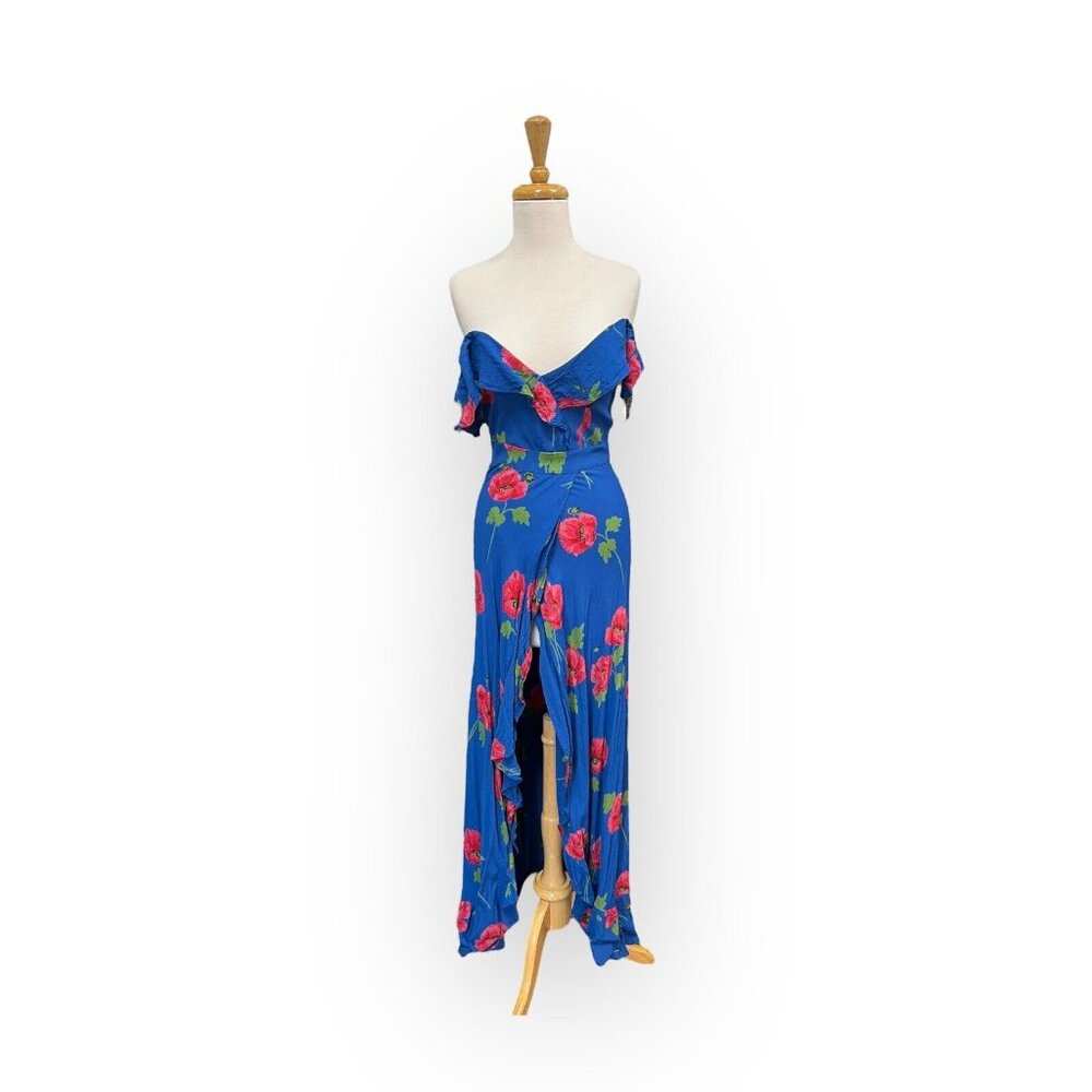 Flynn Skye Monica Maxi Dress Size S Small Blue Floral Off The Shoulder